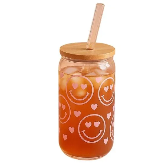 Pink Smiley Face Glass Tumbler 16 oz with Hearts Bamboo Lid and Glass Straw - Picture 9 of 10